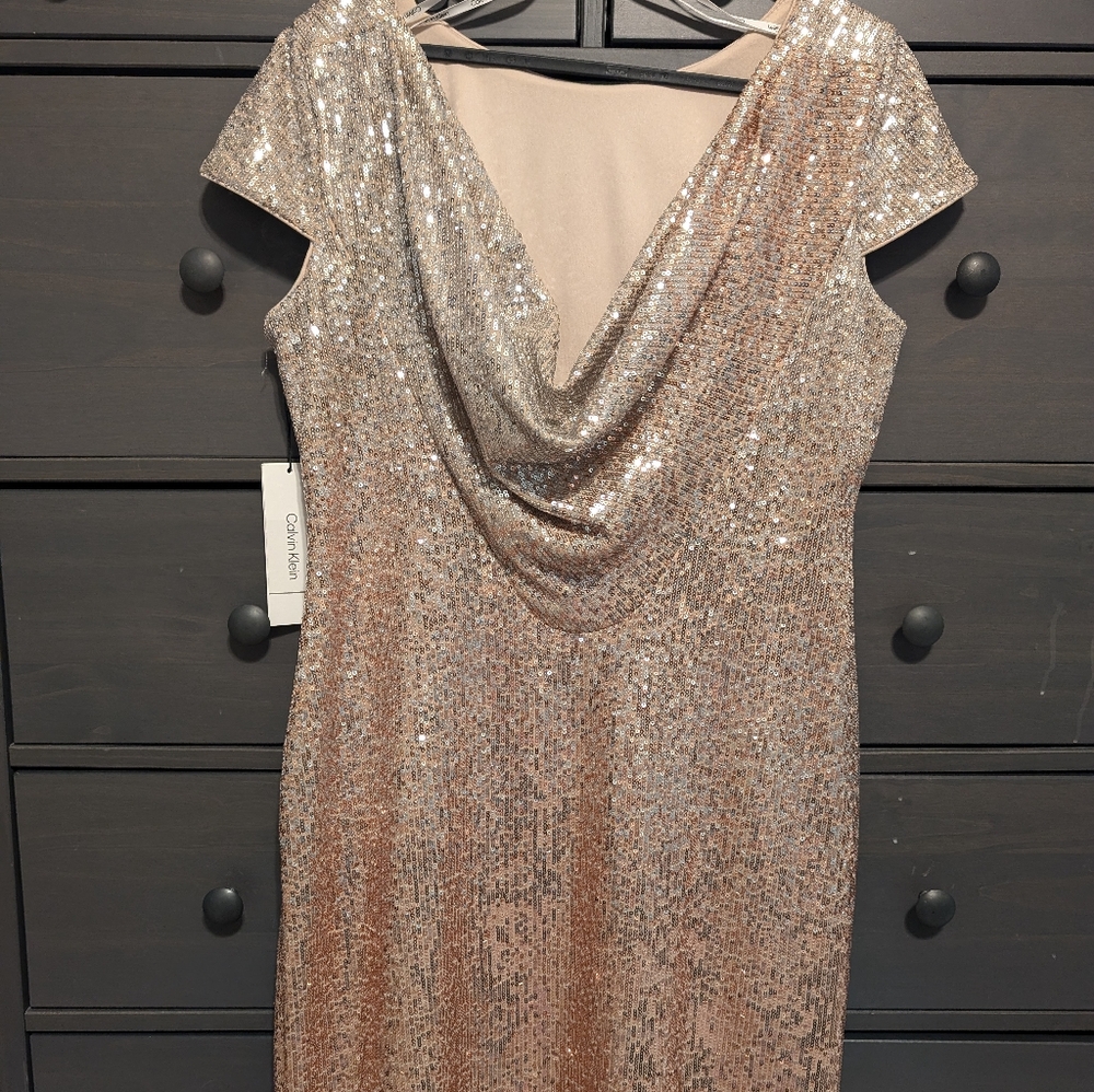 Calvin Klein Shimmering Gold Sequin Midi Dress - Picture 6 of 9